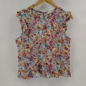 Solitaire Multicolor Eyelet Top Size Medium Ruffle Hem Short Sleeve
